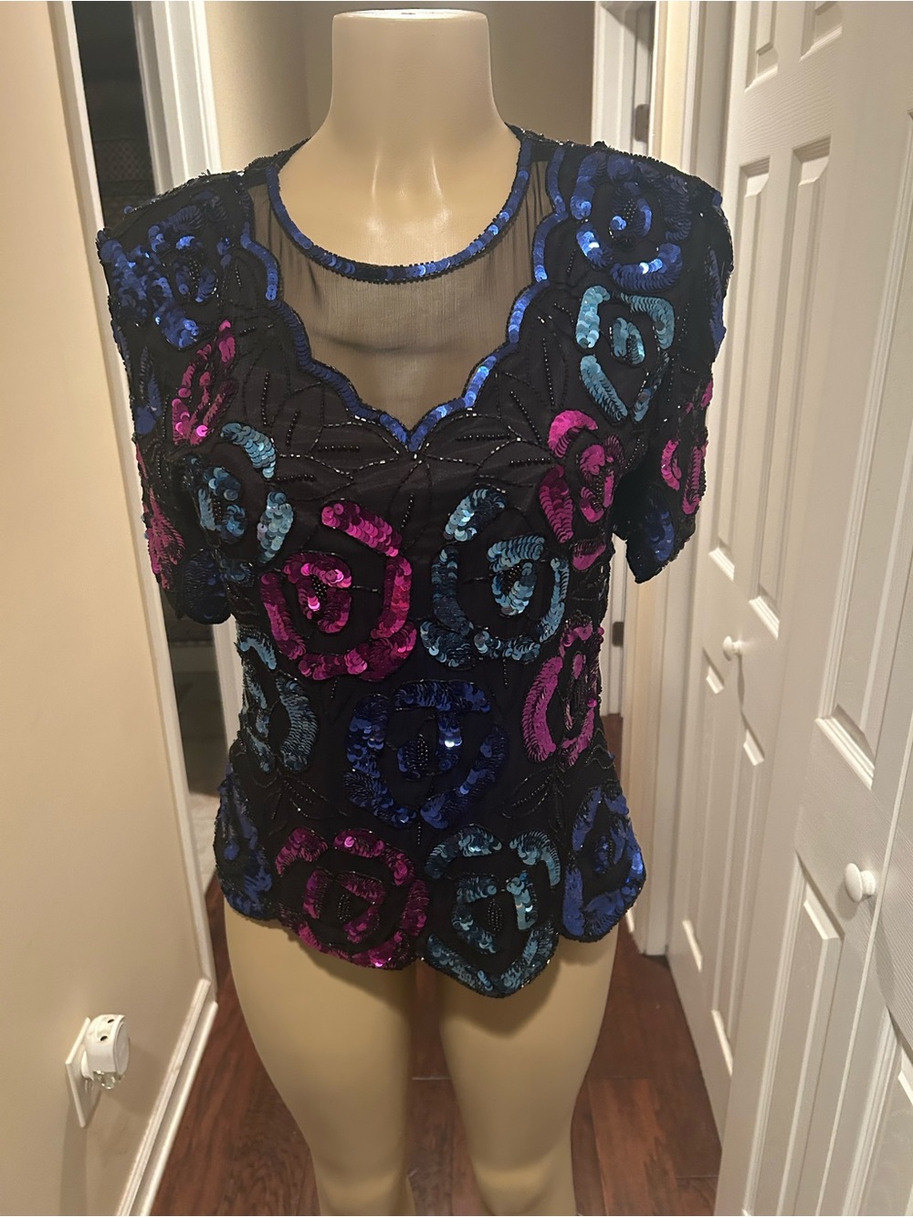 Leslie Fay Black Sequin Floral Mesh Blouse with Blue and Pink Accents